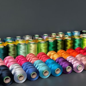 Op de afbeelding: Een verzameling kleurrijke garenklosjes in diverse tinten, waaronder blauw, roze, groen, geel en rood. De klosjes zijn netjes gerangschikt en tonen een scala aan tinten. Het garen lijkt gemaakt van een glanzend materiaal dat licht reflecteert.