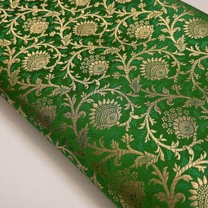 Brocade Fabric, Green Gold Damask Jacquard Brocade Fabric Upholstery Indian Dress Festival Wear Brocade Fabric by the yard/meter