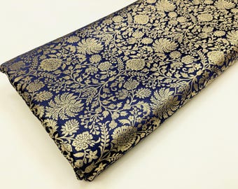 Tela de brocado jacquard Banarasi azul marino y dorado, tela de lujo para vestidos de novia, tela de tapicería, tela de decoración del hogar cortada a medida.