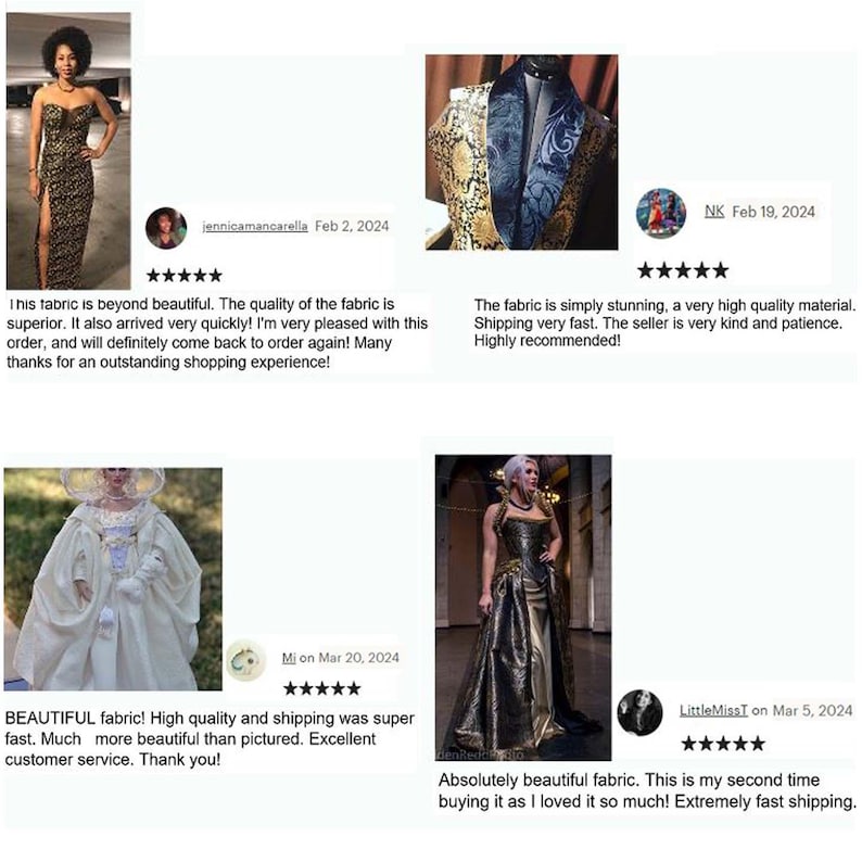 May include: Image showcasing fabric and finished garments. Includes a woman in a gold and black dress, a jacket with a patterned exterior and blue lining, and a white gown. Customer reviews praise the fabric's quality and fast shipping.