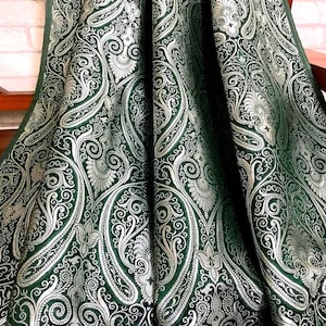 Banarasi brocade Green & silver Paisley brocade fabric Home décor fabric Theatre costume, Wedding dress Jacquard fabric Fabric by the yard