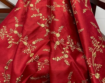 Tela bordada en rojo y dorado, Vestido de novia, Vestido de dama de honor, Tela india, Tela de lujo, Alta costura, Tela de moda