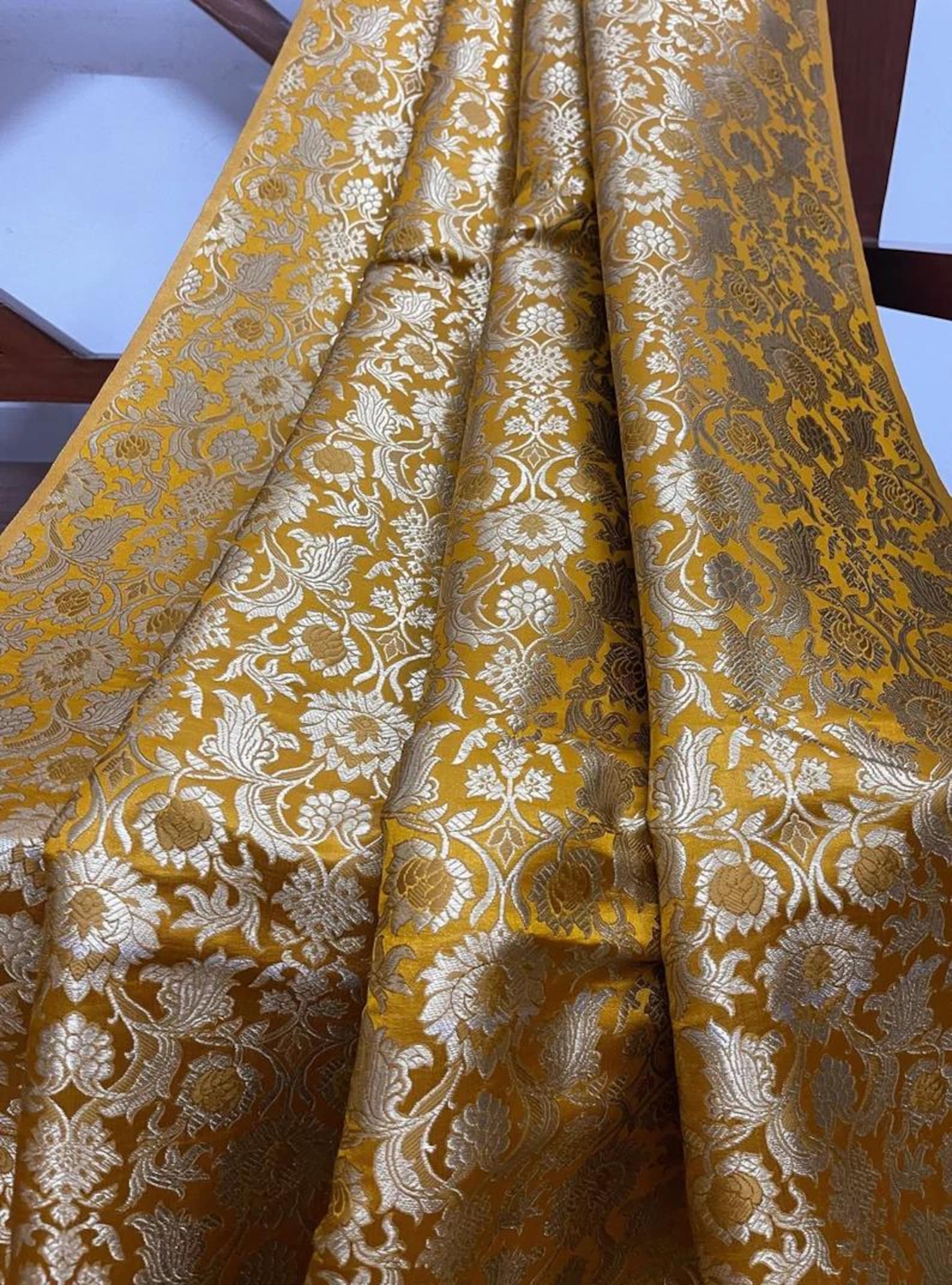 Brocade Fabric Jacquard Damask Mustard and Gold Brocade Fabric Wedding ...