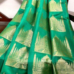Brocade fabric Green Gold Jacquard Fabric Brocade Taj Mahal Motif Wedding Dress Bridal Brocade Upholstery Home Decor fabric