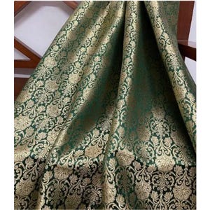 Brocade Fabric, Green Gold Damask Jacquard Brocade Fabric Upholstery Indian Dress Festival Wear Brocade Fabric by the yard/meter