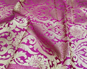 Tela brocada rosa fucsia y dorada, tela damasco jacquard, tela para tapicería, tela para vestidos de novia, tela brocada de diseñador cortada a medida.