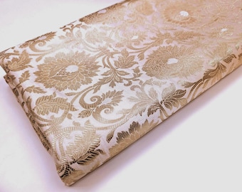 Ivory & Gold Jacquard Brocade Fabric, Wedding inspiration, Floral brocade, Metallic brocade, Rayon silk brocade