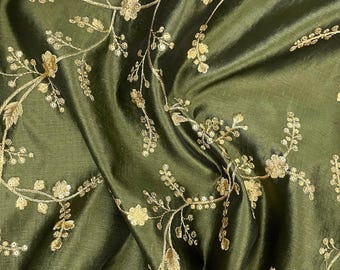 Green and gold embroidered fabric Wedding Indian dress Fabric Haute couture Fashion Thread Embroidery Upholstery fabric by the yard
