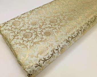 Tela brocada cortada a medida. Damasco jacquard. Tela verde salvia y dorada. Regalo para ella. Tela nupcial. Tapicería de seda. Tela brocada.