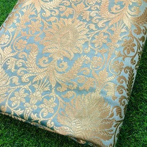 Indian Brocade fabric Jacquard damask fabric Sage Green Gold fabric Wedding bridal fabric Luxury dress fabric Upholstery fabric by the yard