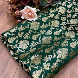 Brocade fabric Jacquard damask fabric Green Gold Upholstery fabric Wedding Bridal Dress fabric Indian Silk dress Brocade Fabric by the yard