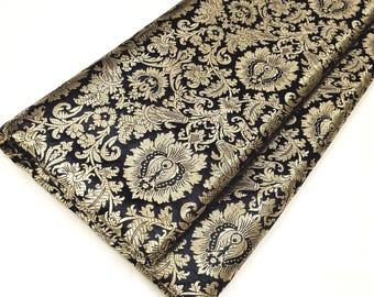 Tela brocada Jacquard Damasco Tela nupcial de lujo para bodas Tela brocada negra y dorada Lehenga Tela india para decoración del hogar cortada a medida por metro