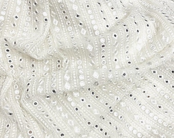 Embroidered Georgette fabric White Wedding Bridal dress Gold embroidery Lehenga Fabric Dyeable dupatta fabric by the yard