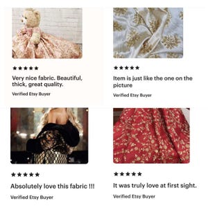 May include: The image showcases four different fabrics. One is a light pink floral fabric draped over a teddy bear. Another is a cream-colored fabric with gold embroidery. The third is a black and gold patterned fabric. The fourth is a red fabric with gold embroidery.