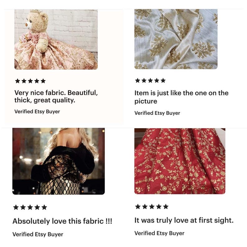 May include: The image showcases four different fabrics. One is a light pink floral fabric draped over a teddy bear. Another is a cream-colored fabric with gold embroidery. The third is a black and gold patterned fabric. The fourth is a red fabric with gold embroidery.