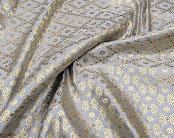 Tela de brocado Banarasi, brocado paisley gris y dorado, tela jacquard, tela gótica, tela cortada a medida/metro