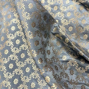 Grey Gold Brocade fabric by the yard/meter, Jacquard damask Wedding Bridal Dress Upholstery fabric, Rayon Viscose Silk Brocade