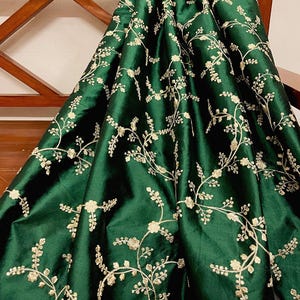 Embroidered fabric Green Silver Gold embroidery Luxury Designer fabric Wedding Lehenga dress fabric Floral embroidery fabric by the Yard
