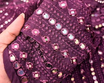 Embroidered Georgette fabric Wine Wedding Bridal dress Gold embroidery Lehenga Fabric Dyeable dupatta fabric by the yard