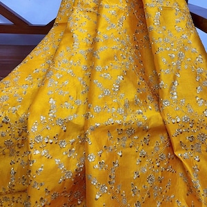 Embroidered fabric Yellow Gold Wedding Bridal dress fabric Gold embroidery fabric Lehenga Indian Upholstery fabric high quality rayon Silk