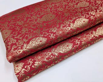 Tela brocada rojo oro cortada a medida, tela damasco jacquard roja, tela para vestidos de novia, tela para tapicería, tela brocada de seda, Tissu Rouge