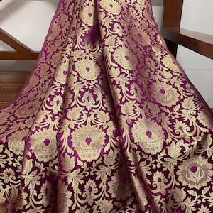 Indian Banarasi Brocade Fabric Purple Gold Floral brocade Medieval fabric Wedding Dress Luxurious Headband Lace Brocade fabric by the yard