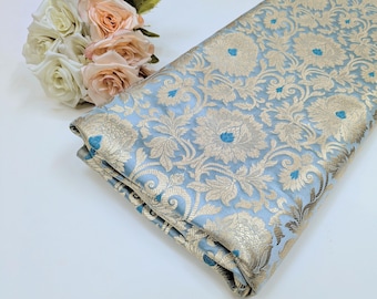 Brocade fabric Grayish Blue Gold Jacquard Damask Rayon Silk brocade Fabric Wedding Bridal High Grade Designer fabric by the yard Material