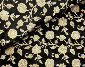 Black Gold Indian Brocade Fabric Jacquard Damask Rayon Silk Brocade Gold Wedding Dress fabric Floral Brocade Fabric By the yard/ meter