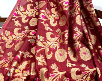 Banarasi Brocade Fabric Maroon Gold Jacquard Brocade Fabric Floral brocade Wedding Indian Dress brocade Fabric by the yard/ Meter.