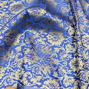Brocade fabric Jacquard damask Royal Blue Gold brocade Wedding bridal Dress fabric Silk Brocade Home Decor Upholstery Fabric By the Yard