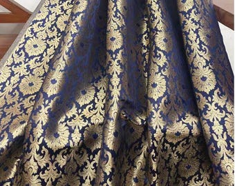 Brocade fabric by the yard/meter Blue gold Jacquard damask fabric Home Decor Fabric Wedding bridal fabric DIY craft fabric Festival dress