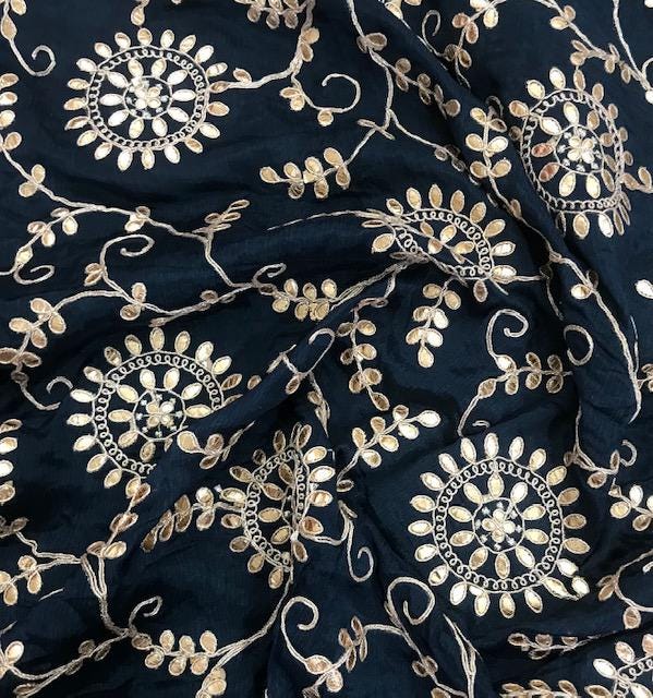 Embroidered fabric Blue Gold Chinon Chiffon Gota Patti Embroidery Fabric Wedding Dress Fabric Drapery Saree Scarf fabric by the yard