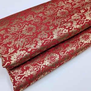 Tela brocada, tela de damasco jacquard, brocado rojo dorado, tela para vestido de novia, brocado de seda, tela para tapicería de decoración del hogar cortada a medida