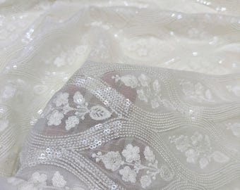 Embroidered fabric Silk Georgette White Wedding dress fabric Luxury Designer Bridral Dress fabric Sequins Embroidery Saree Dupatta fabric