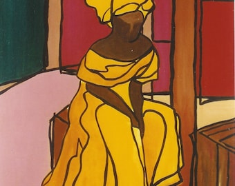 WOMAN WITH BOXES - Black, Caribbean, Art of the African Diaspora offset litho reproduction of acrylic painting, by Ramona Candy