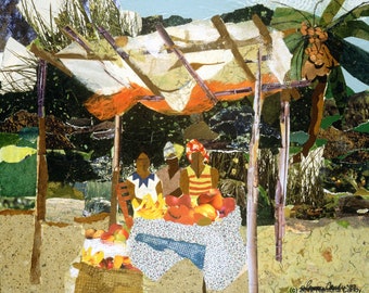 FRUIT VENDORS - Black, Caribbean, Art of the African Diaspora, offset litho reproduction of original collage by Ramona Candy