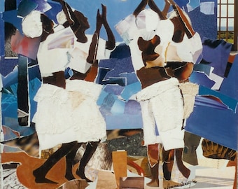 MOON DANCE - Black, Caribbean, Art of the African Diaspora offset litho reproduction of original collage, by Ramona Candy