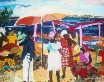 MARIGOT - Black, Caribbean, Art of the African Diaspora offset litho reproduction of original collage by Ramona Candy