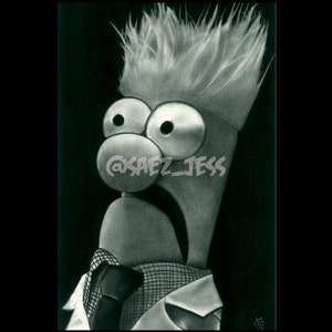 May include: Black and white drawing of a puppet with a surprised expression. The puppet has a large, round head with big eyes and a wide mouth. The puppet is wearing a white shirt with a black tie and a black and white patterned vest. The puppet's hair is spiky and stands up on end.