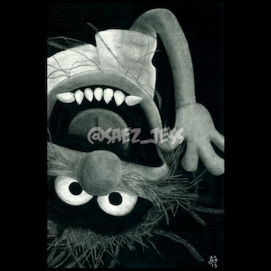 May include: A black and white drawing of a furry monster with a wide open mouth, showing sharp teeth. The monster has large eyes and a bushy mustache. The drawing is signed "@saez_jess" and dated "A '13".