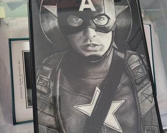 Captain America 11 x17 Original Charcoal Drawing Framed Avengers