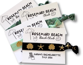 Rosemary Beach Bach Club Hair Tie Favors • Bachelorette Party Gifts • Beach Bride Girls Trip Favors • Personalized Hair Tie Cards