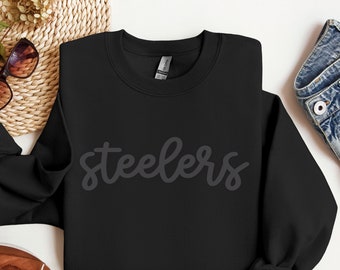 Custom Puff Print Team Name Sweatshirt School Mascot Sweatshirt Embossed Steelers Sweatshirt Black on Black Football Team Unisex Sweater