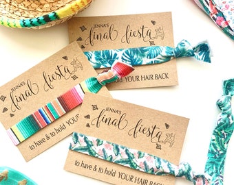 Final Fiesta Bachelorette Hair Tie Favors | Fiesta Hair Ties  Mexico Themed Bachelorette Cabo Serape hair ties personalized favor cards