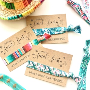 Final Fiesta Bachelorette Hair Tie Favors | Fiesta Hair Ties  Mexico Themed Bachelorette Cabo Serape hair ties personalized favor cards