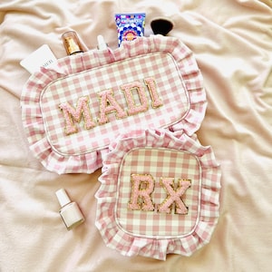 Ruffle Cosmetic RX Pouch | Varsity Letter Pouch, makeup, travel, stuff, lips, eyes, face, customer letter pouches ruffle gingham plaid pouch