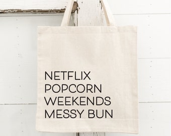 FAVORITE THINGS Custom Canvas Tote Bag, Netflix, popcorn, weekends, messy bunPersonalized Tote Bag, Beach Bachelorette, Personalized Bag