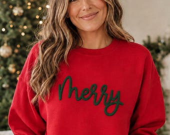 Merry Christmas Puff Print Sweatshirt, Gildan Holiday Crewneck for Women