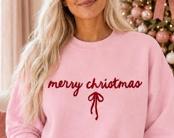 Merry Christmas Bow Sweatshirt, Coquette Holiday Crewneck in Pink, Sand or Red