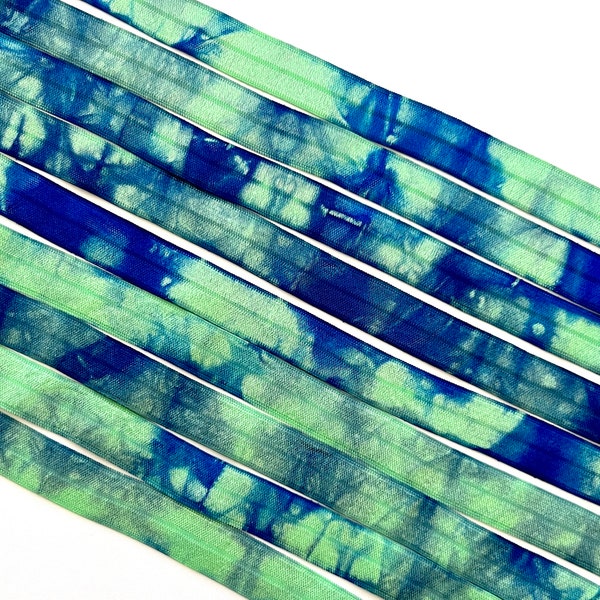 Kelly Green - Sky Blue Tie Dye Elastic | Hand Dyed Tie Dye FOE | 5/8" Fold Over Elastic - Hair Ties Headbands Tie Dye Hair Ties